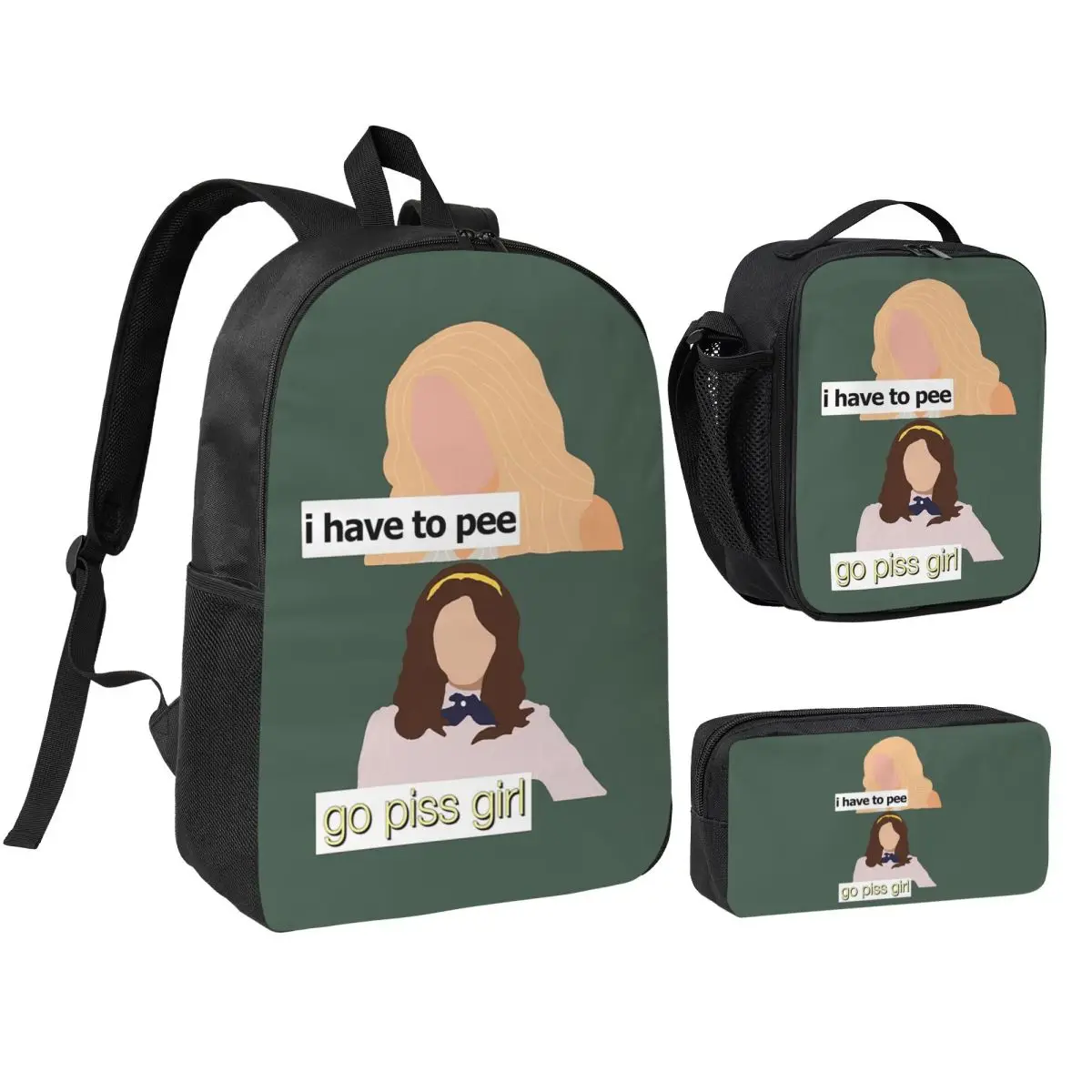 

Go Piss Girl Backpack Student BookBag School Bag Shoulder Bags 3ps Insulated Lunch Bag Pencil Case
