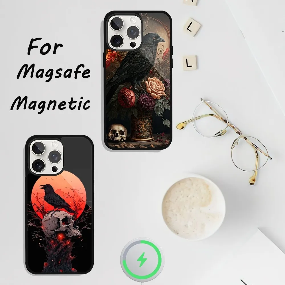 Crow Raven Dark Skull Phone Case For iPhone 11 13 12 14 15 Plus Max Pro Magsafe Magnetic Wireless Charging shell