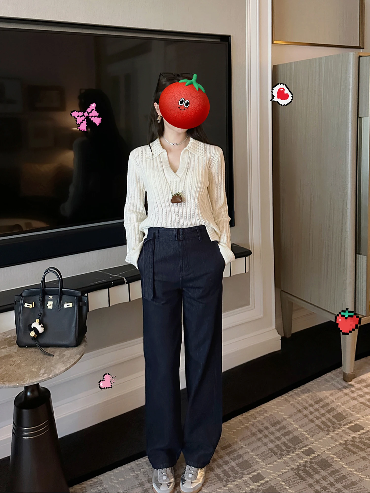 

Fashionable High Waist Wide Leg Jeans Women's Belted Casual Cotton Denim Pants Retro Style All Season Standard Fit Blue