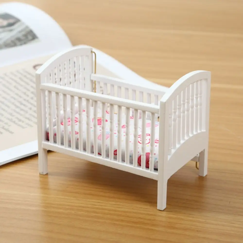 

New 1:12 Dollhouse Bed Miniature DIY Fitments Crib White Wood House Accessories Bedroom Model Decor