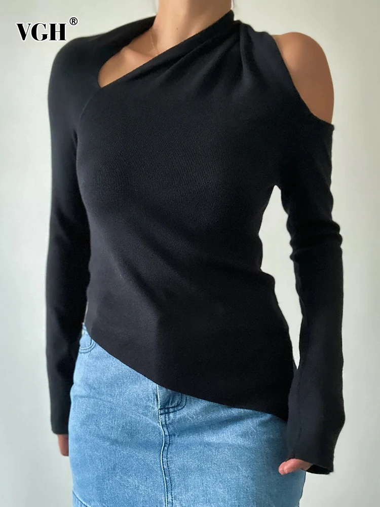 VGH Irregular Solid Hollow Out Slimming Sweaters For Women Diagonal Collar Long Sleeve Minimalist Pullover Sweater Female New