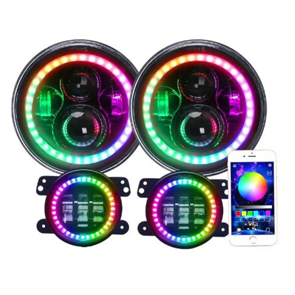 2pc 80W 7 Inch Led Headlight For Jeep Wrangler JK With 30W 4Inch Passing Fog Lights Bluetooth Multicolor RGB Halo  App Control