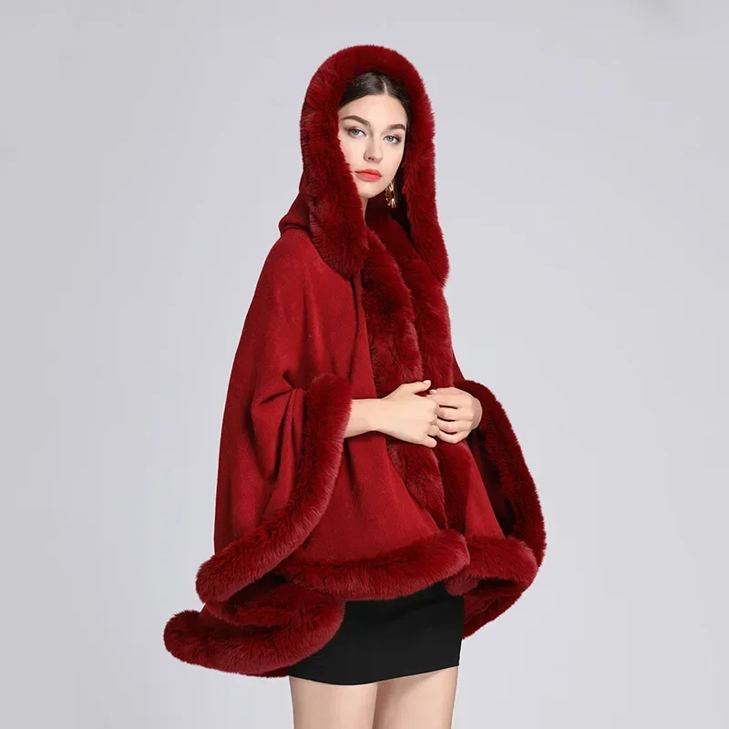 Thick Warm Faux Woolen Plus Velvet Outside Coat With Hat Winter Women Poncho Big Faux Fur Collar Long Tassel Shawl Cape