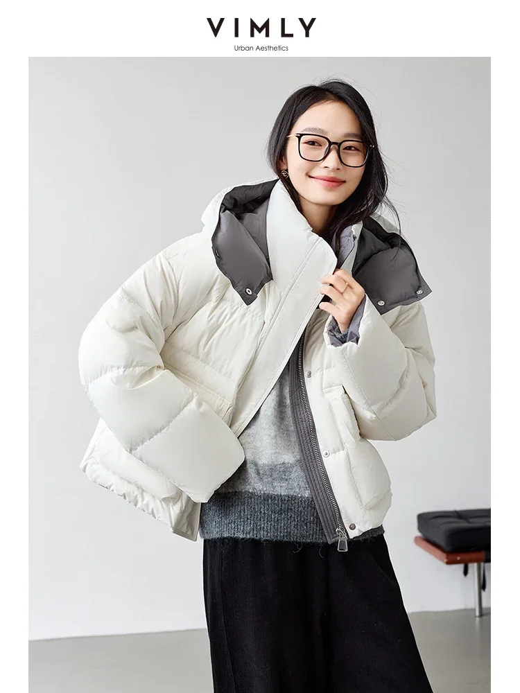 

VIMLY Women's Color Blocking Short Down Jacket Winter Office Lady Hooded Thick Overcoat Simple Fashion Casual Warm Coat Jacket