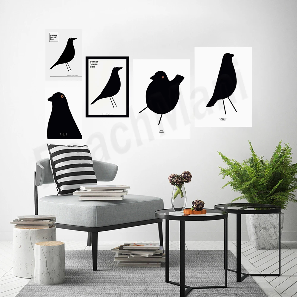 فيترا ملصق طائر أيقوني ، فن جداري قابل للطباعة بالأبيض والأسود ، طباعة فنية عتيقة في منتصف القرن ، ملصق بسيط #4