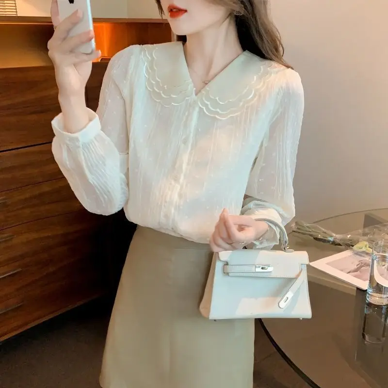 Women Korean Casual Sweet Chic Button Shirts Spring Autumn Trendy Solid Long Sleeve Fairy Blouse Elegant Loose Tops Blusas Mujer