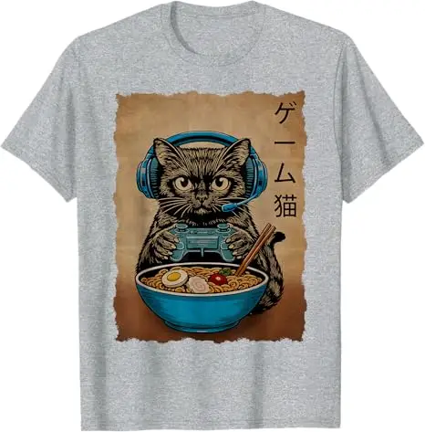 Gamer-Katze Lustige Geschenke für Teenager Jungen Japanische Ramen-Katze Gaming T-Shirt Y2k Anime Kätzchen Nudeln Essend Maga Grafik Kleidung Comic Tee – Detail 7