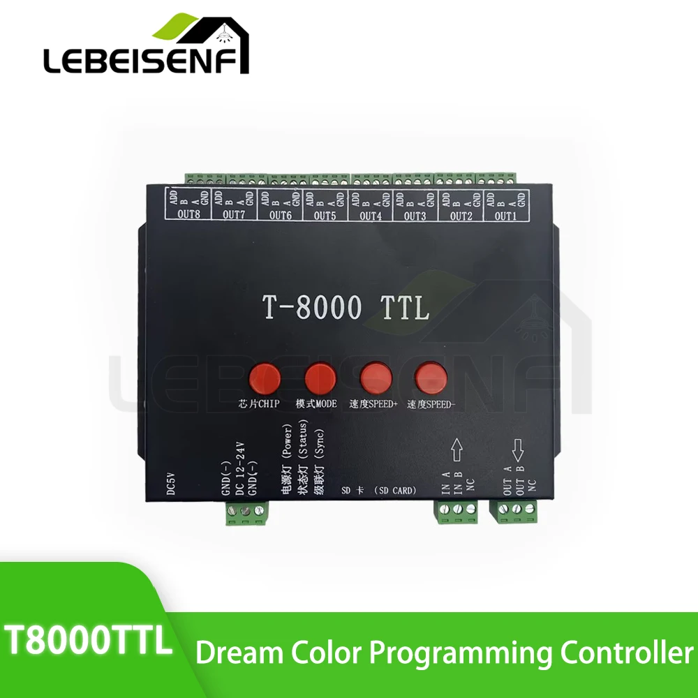 T-8000 TTL Dream Color Programming Controller with 8 Ports, SD Card Support, and LED Full-Color Synchronous Output Function
