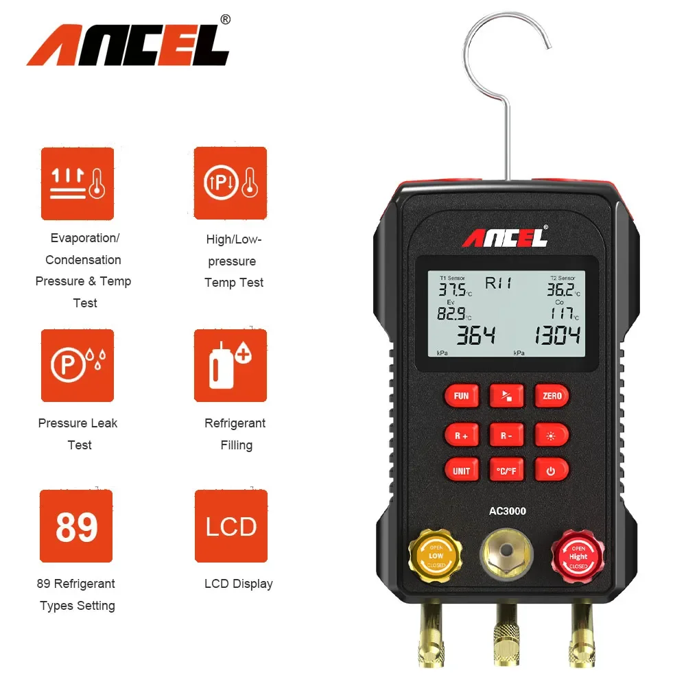 ANCEL AC3000 Refrigeration Digital Manifold Meter Vacuum Gaug Pressure Temperature Tester Kit Car Diagnostic Tool Scanner