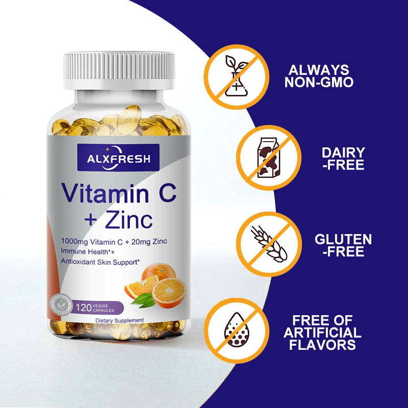 Alxfresh Vitamin C 1000mg with Zinc 20mg | Non-GMO & Gluten Free Vegan | Antioxidant Supplement for Immune Support | 60/120 Caps