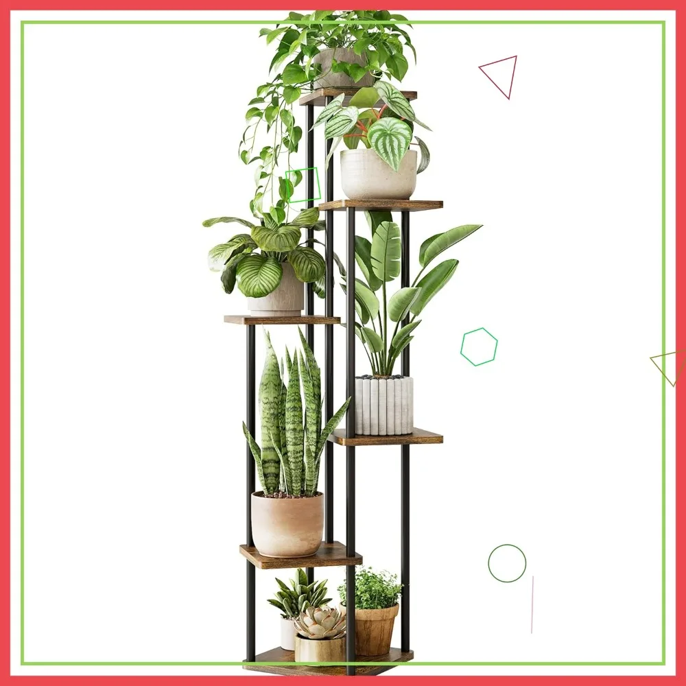 

6-ярусная высокая угловая подставка для растений, деревянная металлическая полка для нескольких растений, для гостиной, спальни, балкона, цвет коричневый дуб