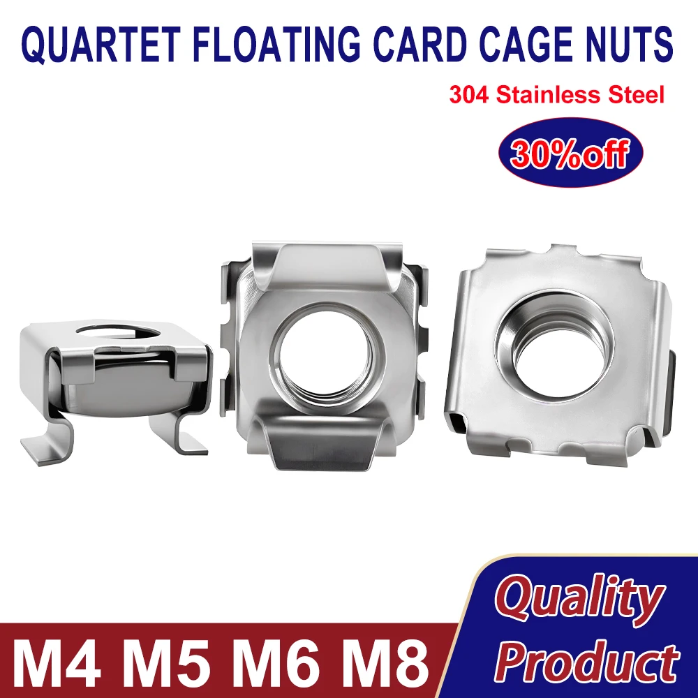Tuercas de jaula de tarjetas de acero inoxidable M4 M5 M6 M8 304, tuercas flotantes de cuarteto, tuerca cuadrada a presión para gabinete de servidor de montaje en estante, 3 uds.-10 Uds.