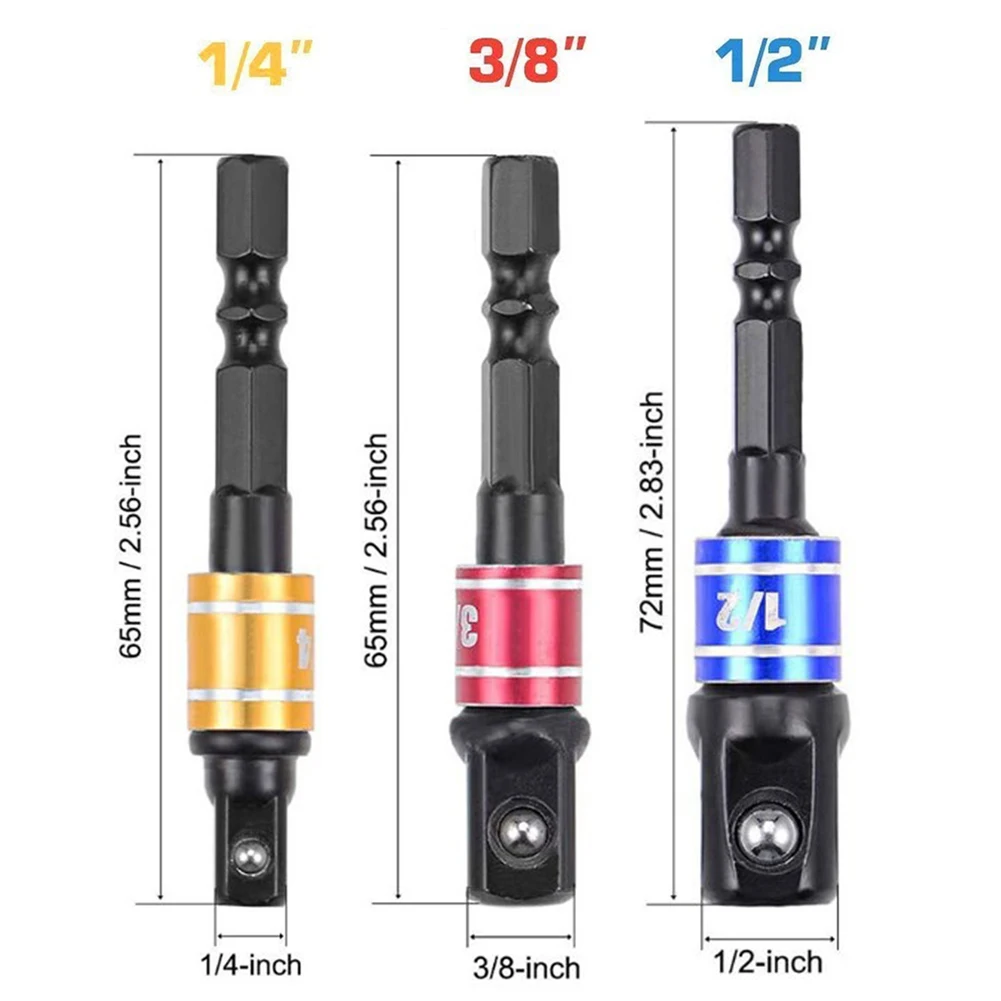 

3pcs Drill Socket Adapter Driver With Hex Shank Extension Bar 1-4 3-8 1-2 Hand Tools Complete Tool Kit Multi-Tool