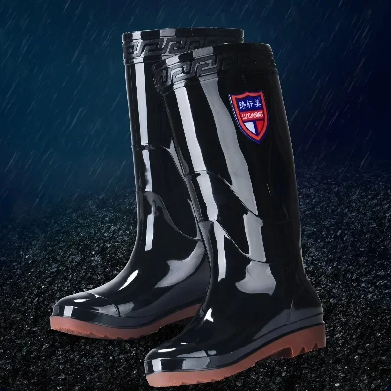 Men Fishing Boots - Non-Slip Plastic Waterproof Rain Boots with Tendon Bottom Round Toe Wedge Design for Comfort and Resistance