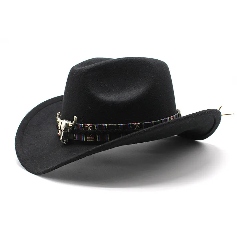 

Cross-border Western Cowboy Hat Ox Horn Woolen Jazz Top Hat Male Ladies' National Style Felt Cap Broad-brimmed Hat