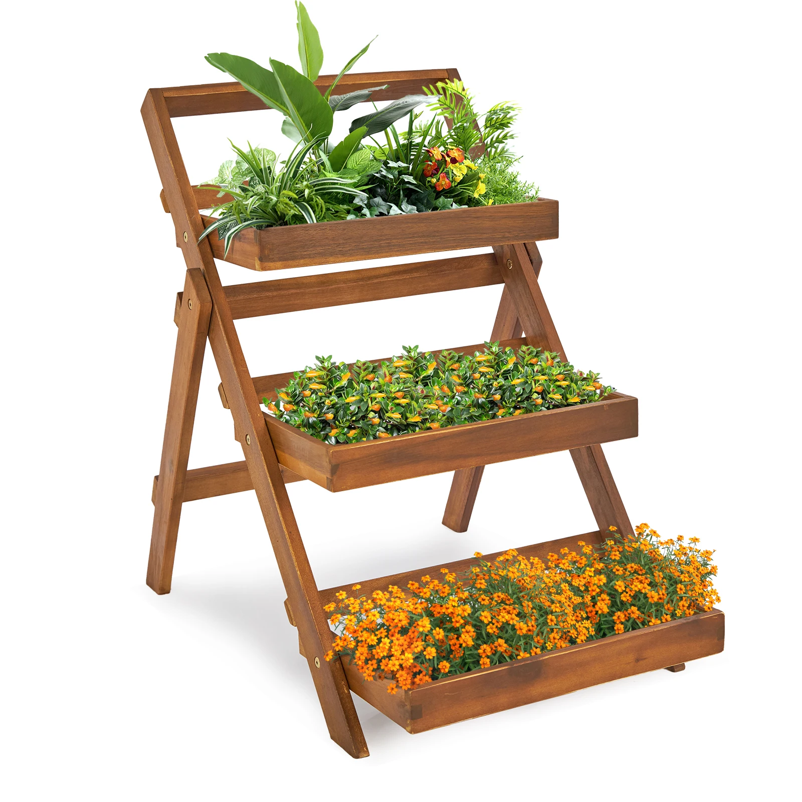 Soporte para plantas de madera de acacia de 3 niveles, estante de exhibición compacto plegable para interiores/exteriores para plantas y artículos decorativos