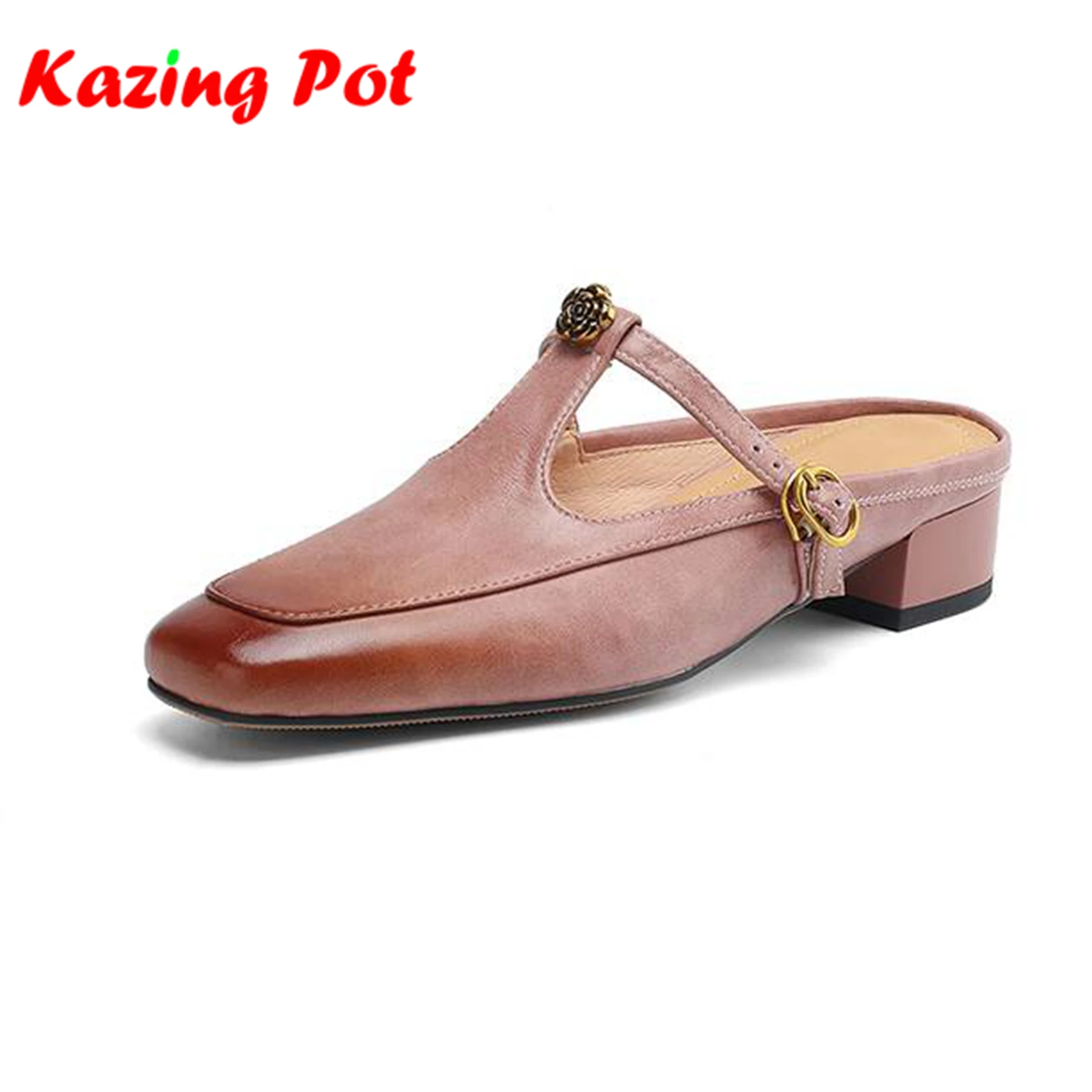 

Krazing Pot, винтажные сабо из коровьей кожи, летняя обувь с квадратным носком, размер 42, женские модные туфли-лодочки на низком каблуке с металлическими цветами и украшением в стиле ретро
