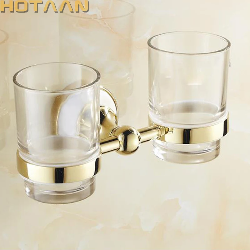 

Gold Color Tumbler Holders Double Glass Cup Holders Wall-mount Toothbrush Tooth Cup Holders Bathroom Accessories Fittings