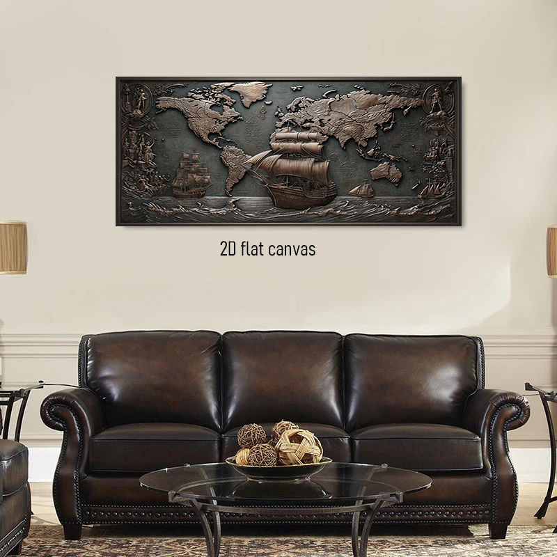 1pcs Retro Bronze Carving World Map Decorative Painting 3D Relief Navigation Theme Canvas Painting Living Room Study Entrance Wa