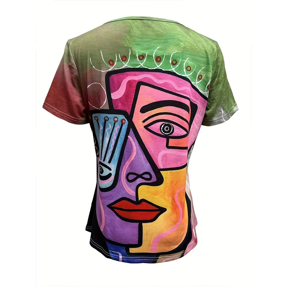 Leisure Short Sleeved T-shirt With Abstract Character Art Print V-neck Top Comfortable Street Fashion Trend For Women In 2024