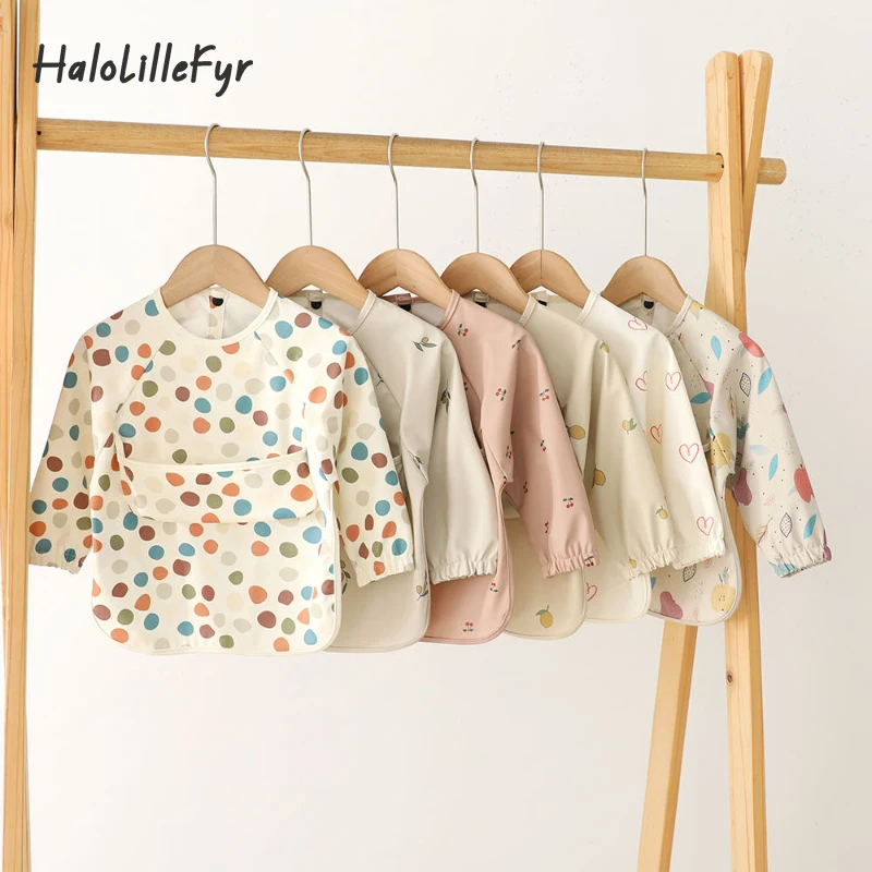 Infant Feeding Bibs Children Long sleeve Printed Art Smock Waterproof Boys Girls Anti-dirty Dining Aprons with Pocket Baby Stuff