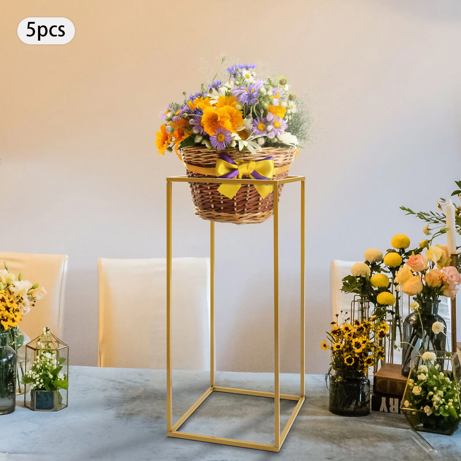 5-Piece Set 60cm Wedding Flower Stands – Gold Geometric Iron Aisle Markers, Removable, Square T-Stage Decor