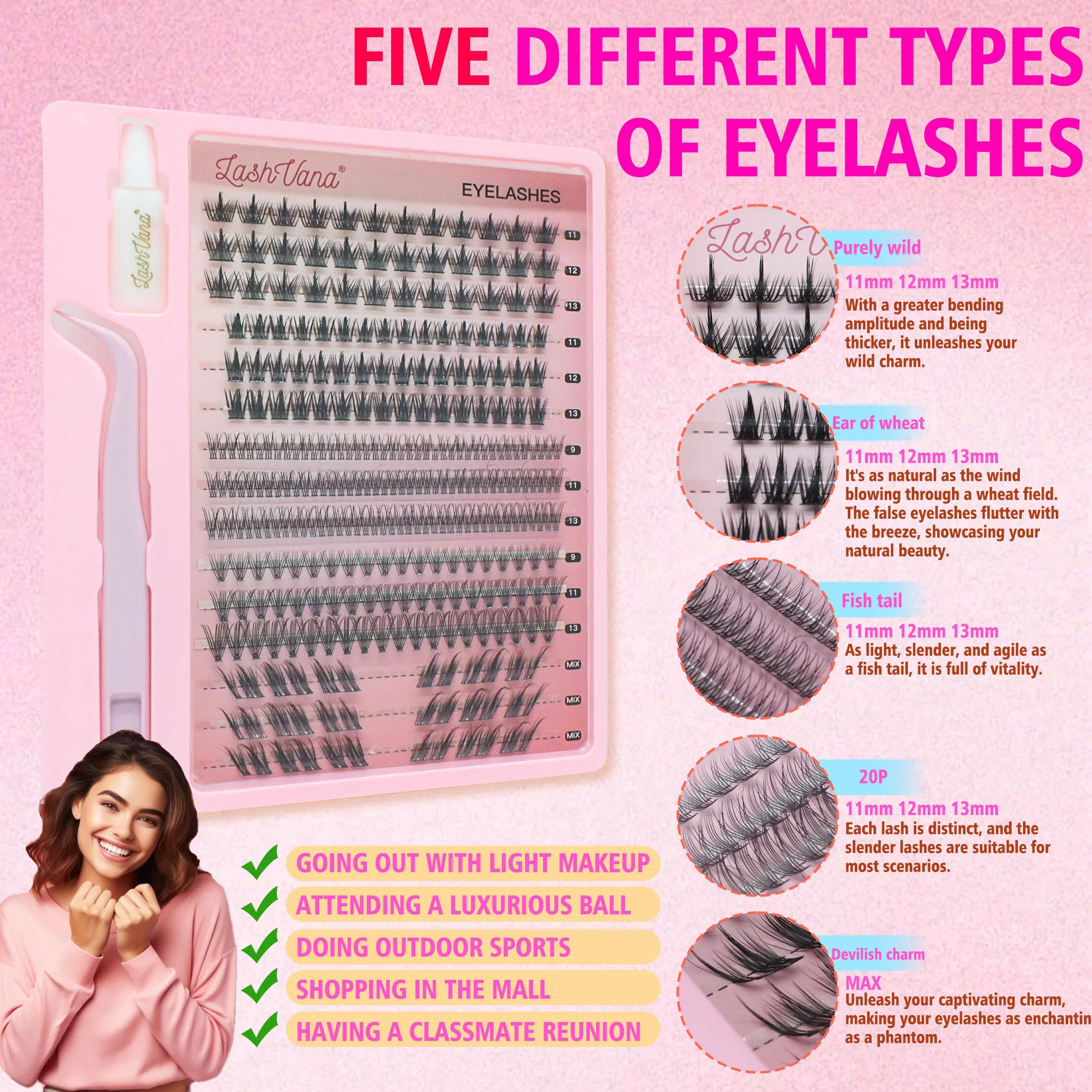 285-Cluster-DIY-Wimpernverlängerungsset, 5 gemischte Stile mit KLEBER-Pinzette, weiches Curling, langlebige falsche Wimpern für Cosplay, täglich