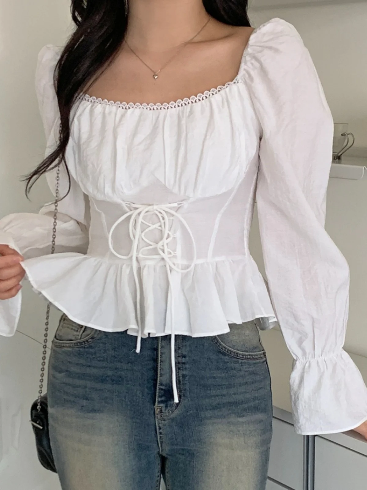 

Slim Fit Lace Trim Puffy Sve irt Women's Collar Cross Belted Waist Slimming Hem Top Trendy Cotton Commute Sle ort Le...