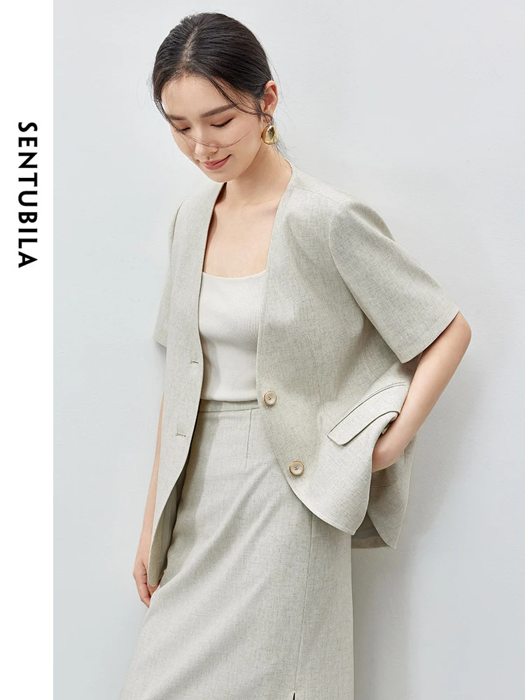 SENTUBILA 2 Piece Linen Skirt Set Women Elegant Outfits 2024 Autumn Shoulder Pads V Neck Blazer Straight Split Skirt 143Z54007