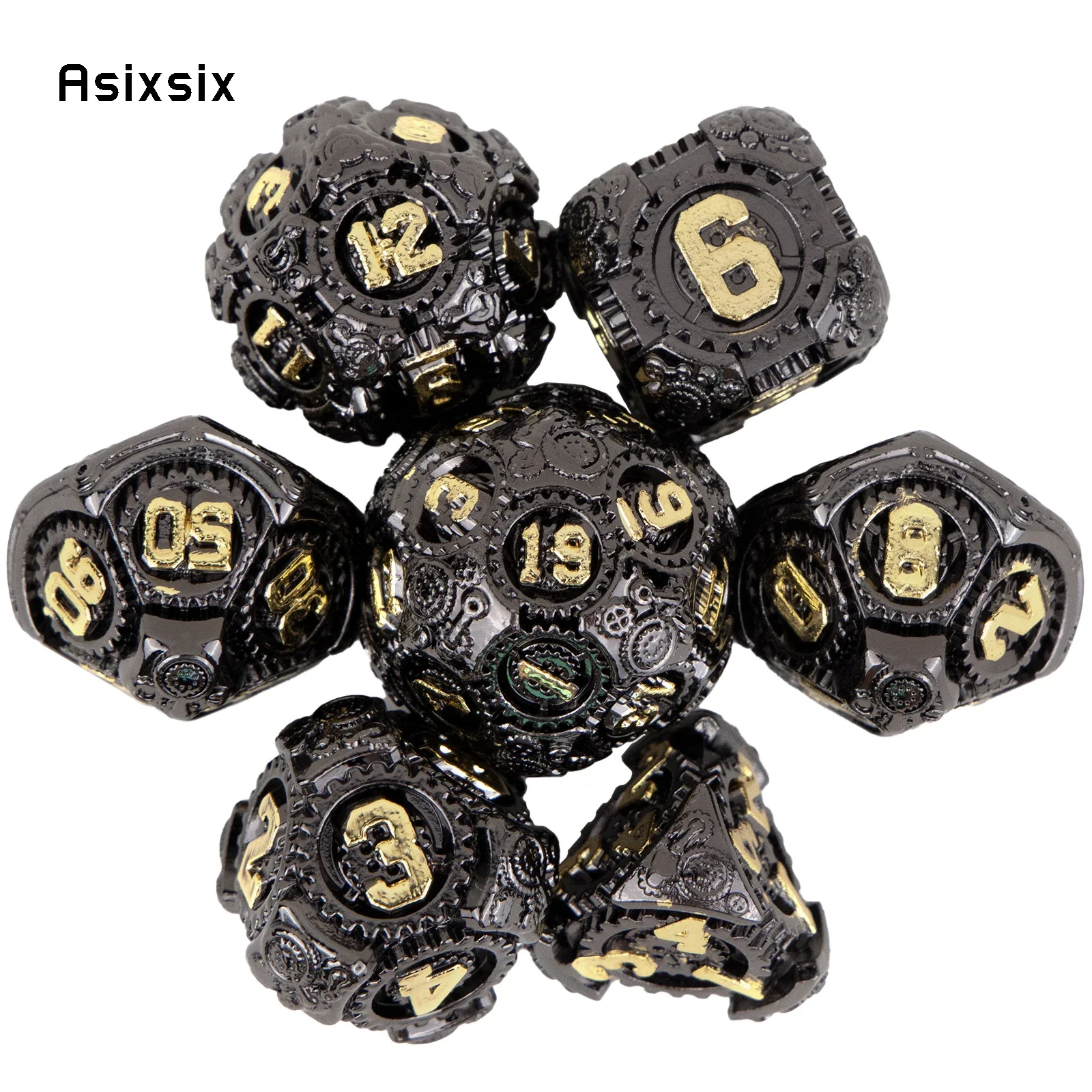 

7 Pcs Black Gear Wheel Metal Dice Solid Metal Polyhedral Dice Set Suitable for Role-Playing RPG Board Game Card Game