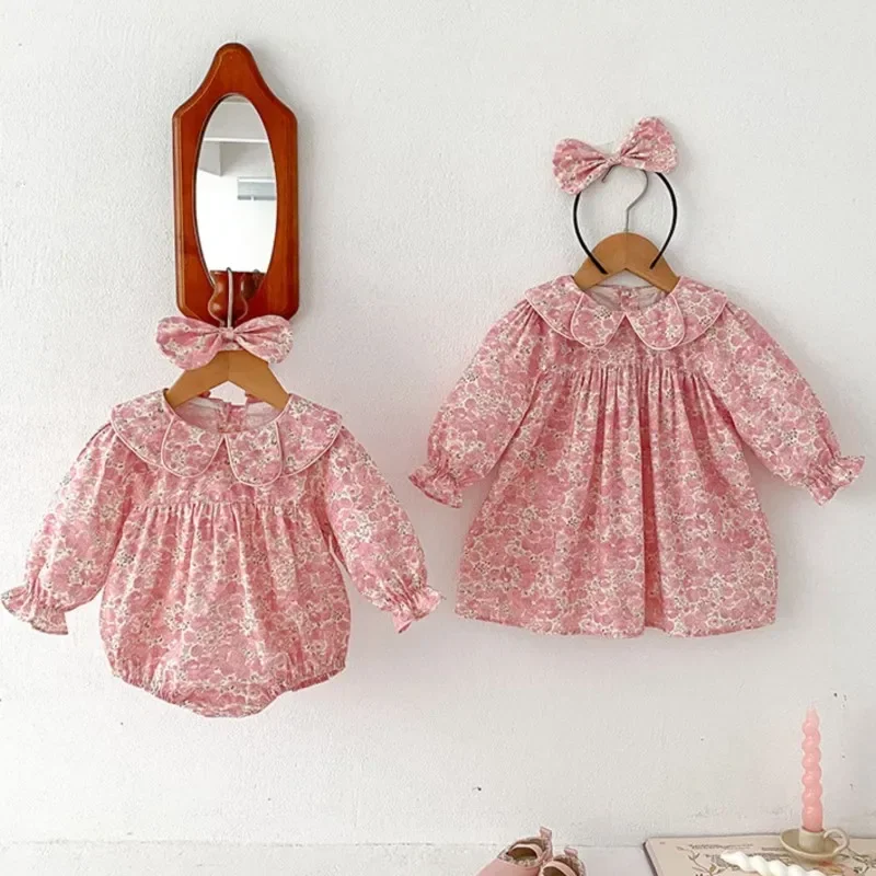 2024 Girls Baby Cotton Flowers Dresses/rompers+bow Headwear Toddlers Kids Birthday Princess Dresses Vestidos Body Clothes