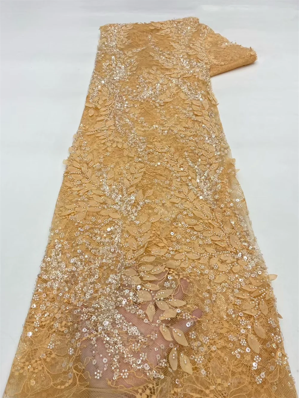 高級手作りビーズレース生地高 5 ヤード品質 2025 アフリカレース生地スパンコールピーチイブニングドレス用 A1226-1