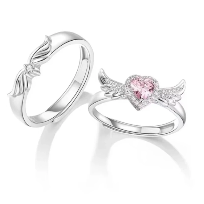 Anillo elegante de ala de Ángel para pareja, anillos de eternidad de circonia cúbica con corazón rosa, joyería romántica para siempre, regalo del Día de San Valentín