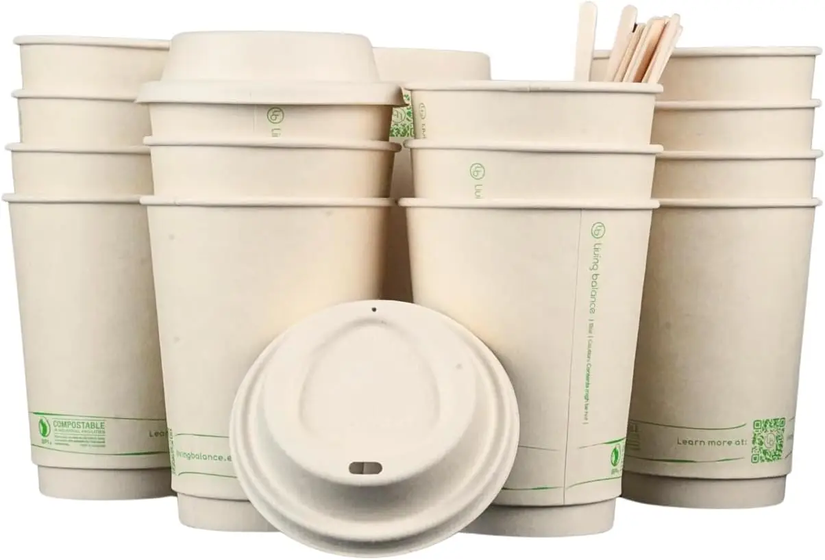 

Living Balance Certified Compostable Coffee Cups with Bagasse Lids 12 oz – 75 Pack Cups with Stirrers & Integrated Slee