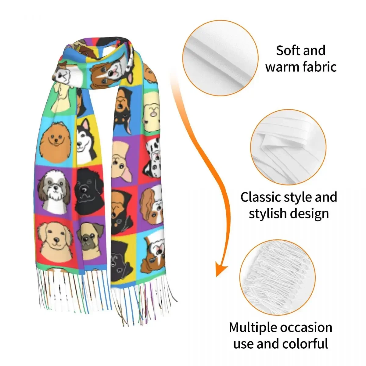 Dog Pattern Scarf Wrap for Women Long Winter Fall Warm Tassel Shawl Unisex Scarves