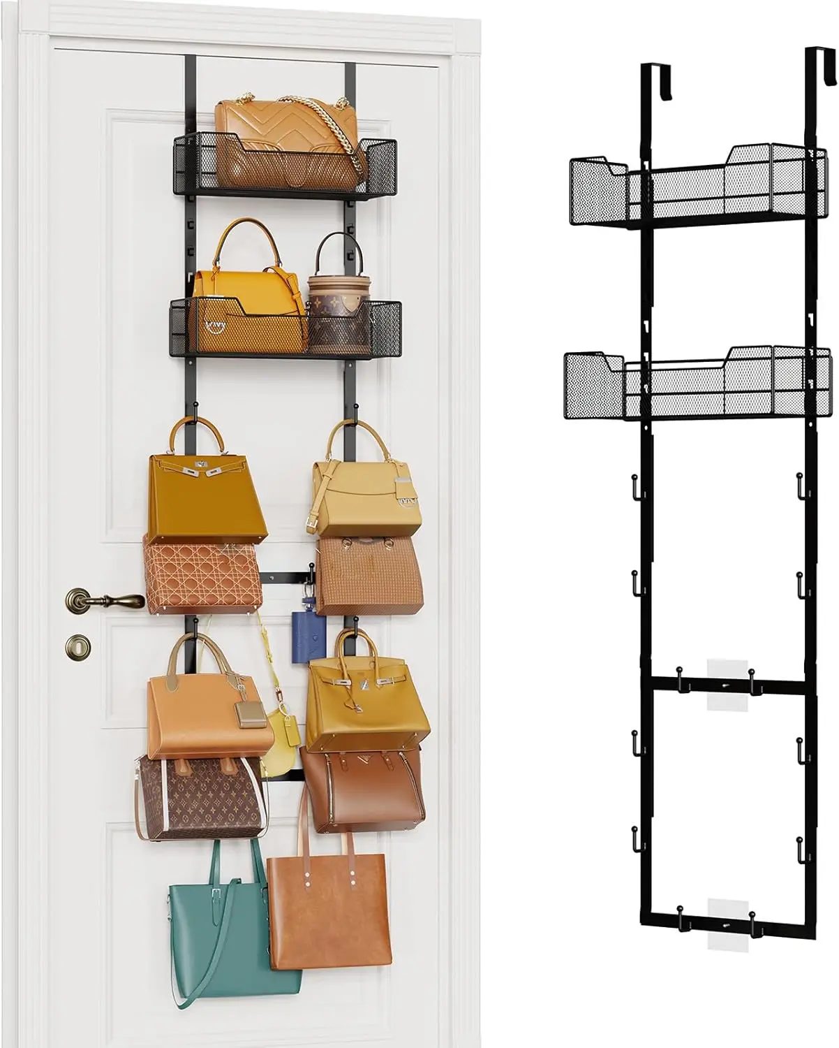 

Органайзер для сумок над дверью, подвесная полка для хранения сумок с 12 крючками и 2 регулируемыми металлическими корзинами, для двери, для хранения сумок
