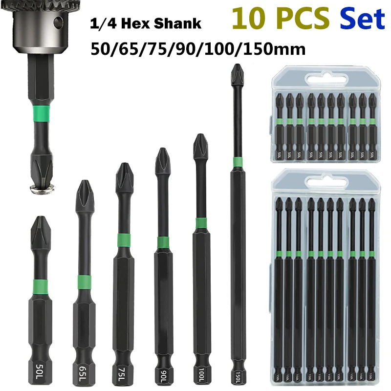 

10 PCS Impact Batch Magnetic Screwdriver Bit Set Anti Non Slip Tip 1/4 Hex Shank PH2 Magnet Head Phillips Cross Screw Driver