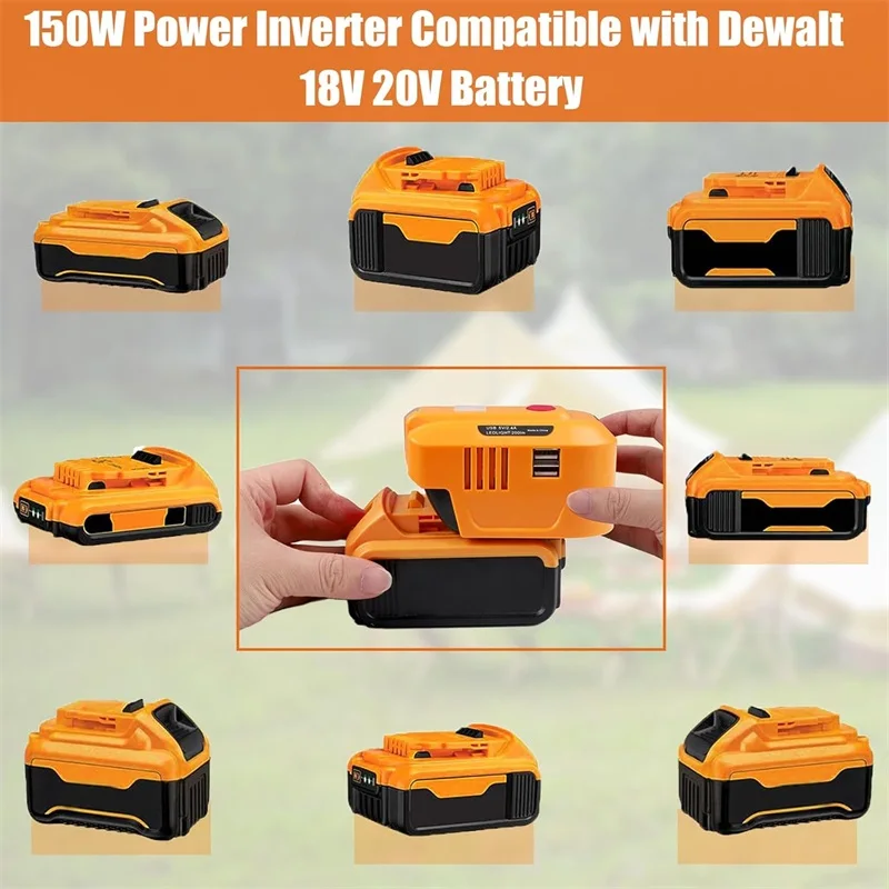 150W Portable Power Supply Inverter For Dewalt 20V Lithium Battery DC 20V To AC 110V/220V Power Station Generator with Light