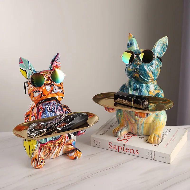 Colorful French Bulldog Key Storage Tray Ornament Entryway Entrance Shoe Cabinet Desktop Organizer Tray Decorations Gifts
