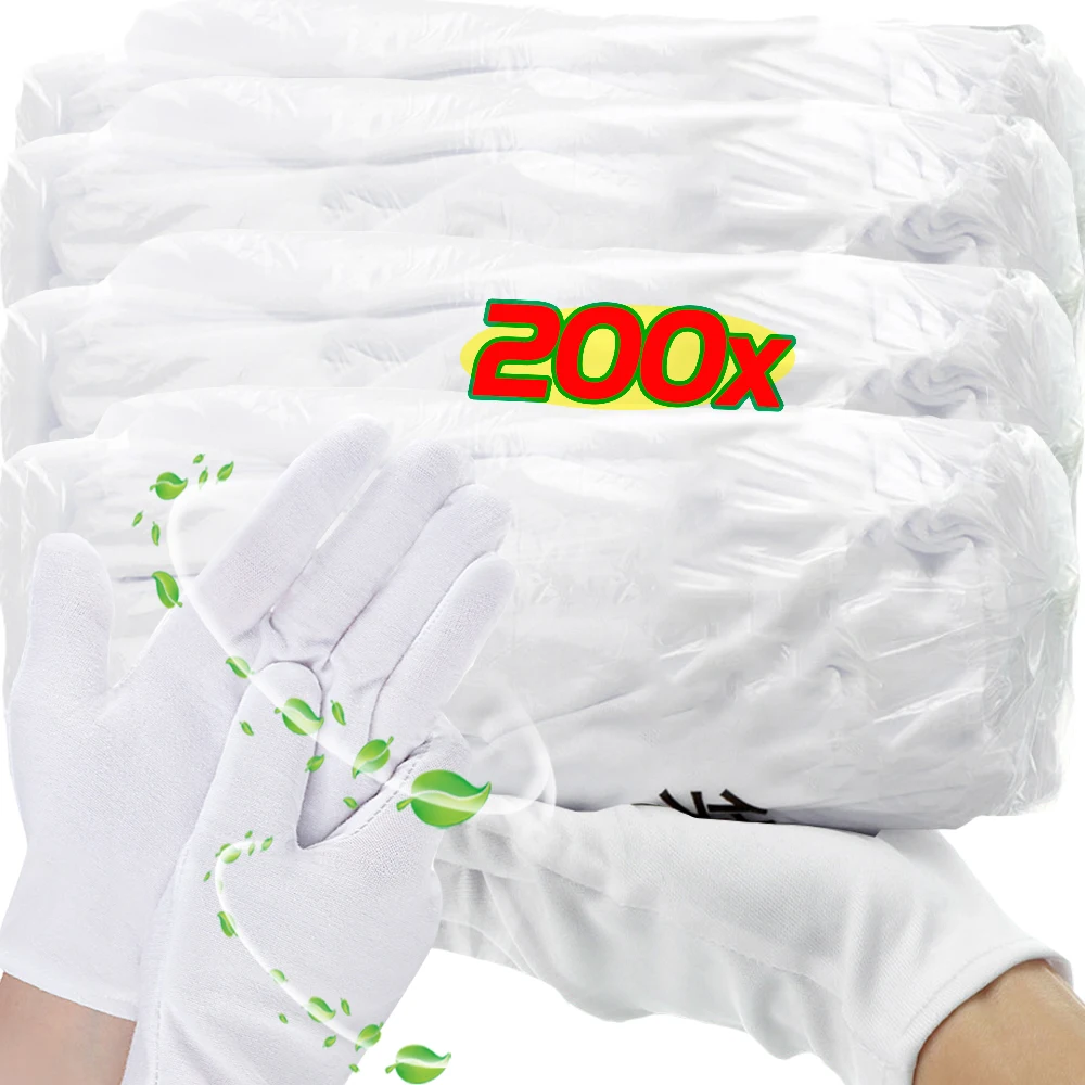 200Pcs White Cotton Work Gloves for Dry Hands Handling Film SPA Gloves Ceremonial High Stretch Gloves Household Cleaning Tools