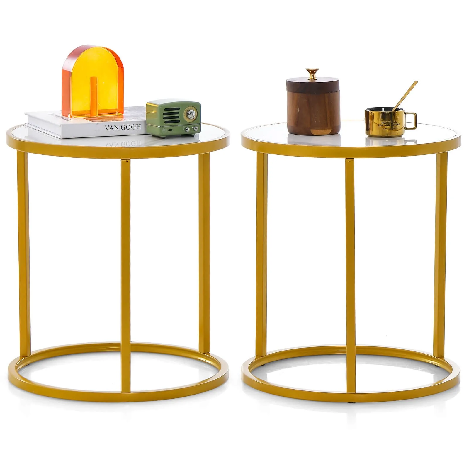 

2PCS Sintered Stone Top Round Side Table 19.5"x19.5" End Table w/Golden Metal