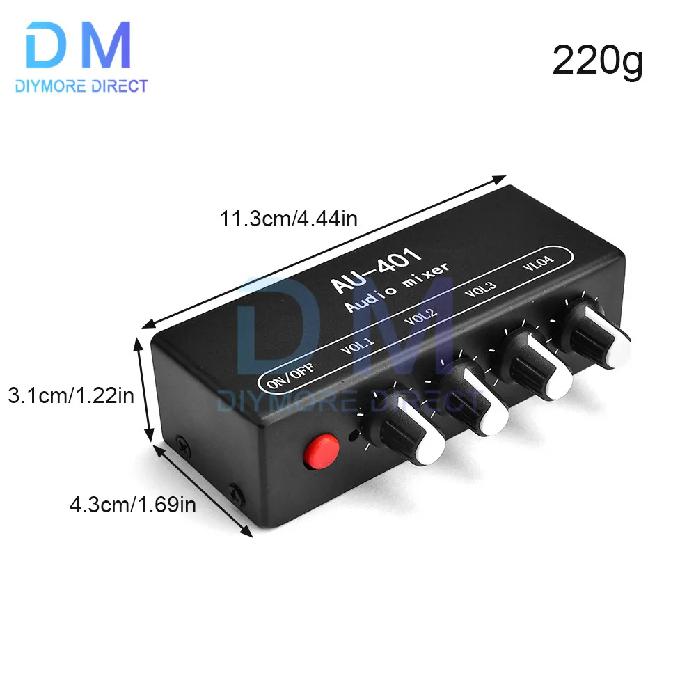 AU-401 DC 5V-12V Stereo Audio Mixer 4 Input 1 output Individually Controls Board Sound mixing DIY Headphones Amplifier