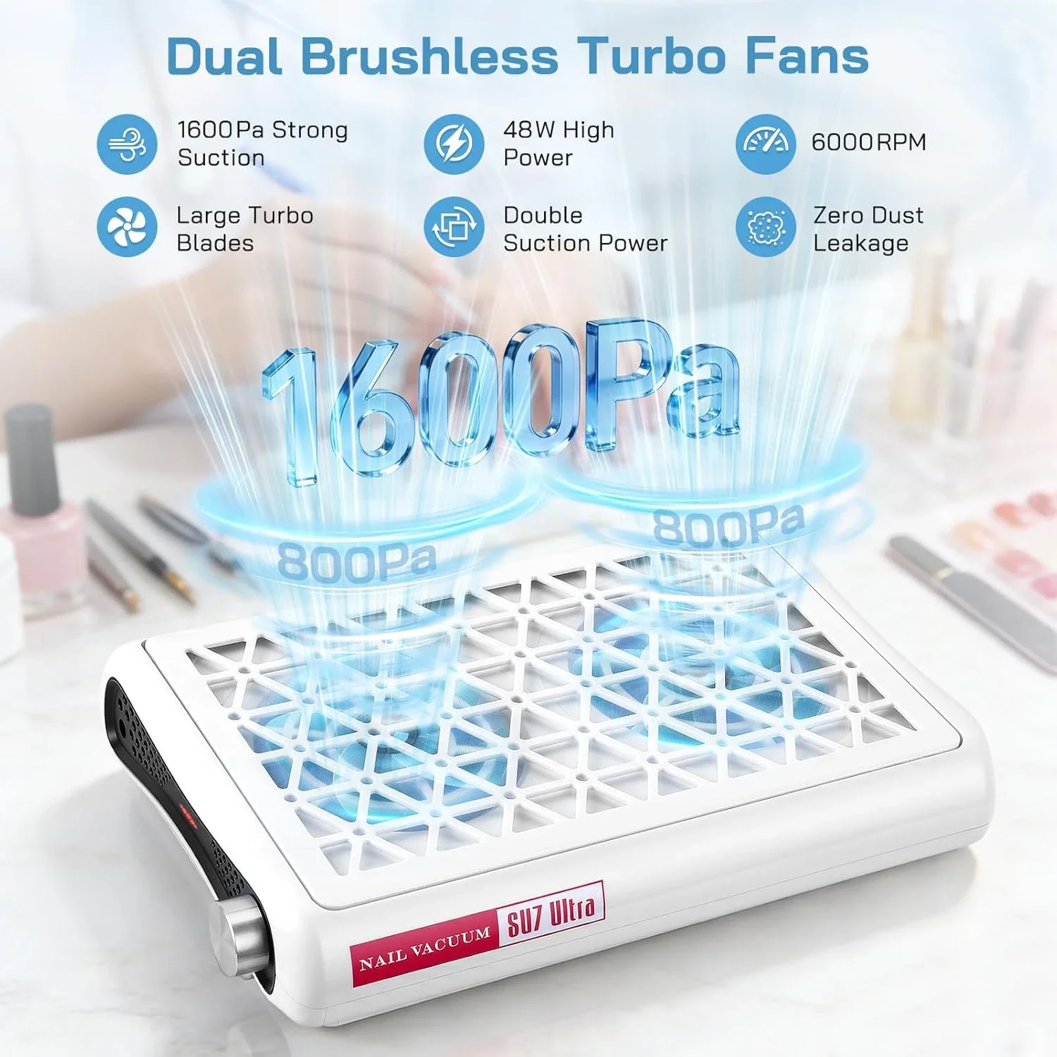 1600Pa Electric Nail Dust Extractor Dual Turbo Fan 6000rpm Adjustable Manicure Dust Collector for Nail Salon Use