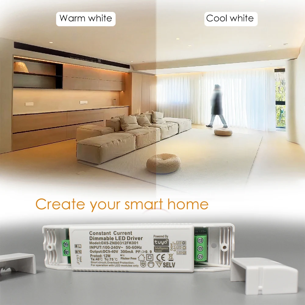 Zigbee 3.0 Slow Start 12W Slim Driver 200mA 300mA 350mA Tuya Smart APP Control for CCT Light WW+CW Dimmable for LED Modules Room