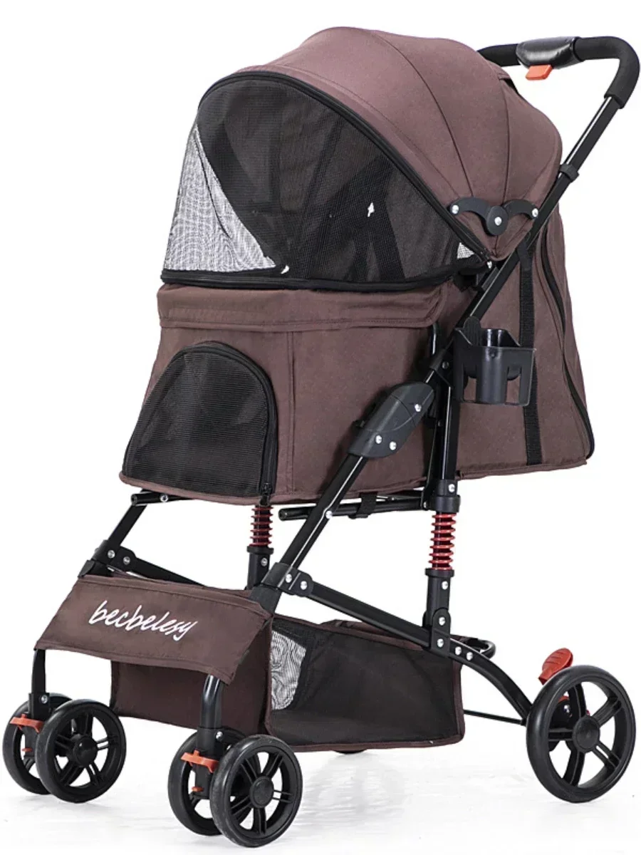 Lightweight Dog Stroller Foldable Cat Cart 4 Wheel Pet Trolley with Anti Vibration Spring Pet Carrier
