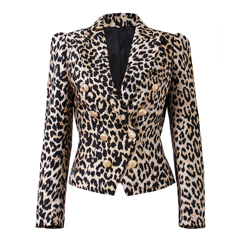 

European American retro chic leopard print jacket short slim fit flattering blazer top metal buckle ropa mujer 2025 woman traf
