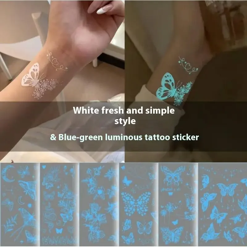 1/6 Lembar Stiker Tato Bercahaya Biru Tahan Air Sementara untuk Jari, Pergelangan Tangan, Seni Tubuh, Tato Kupu-kupu Palsu
