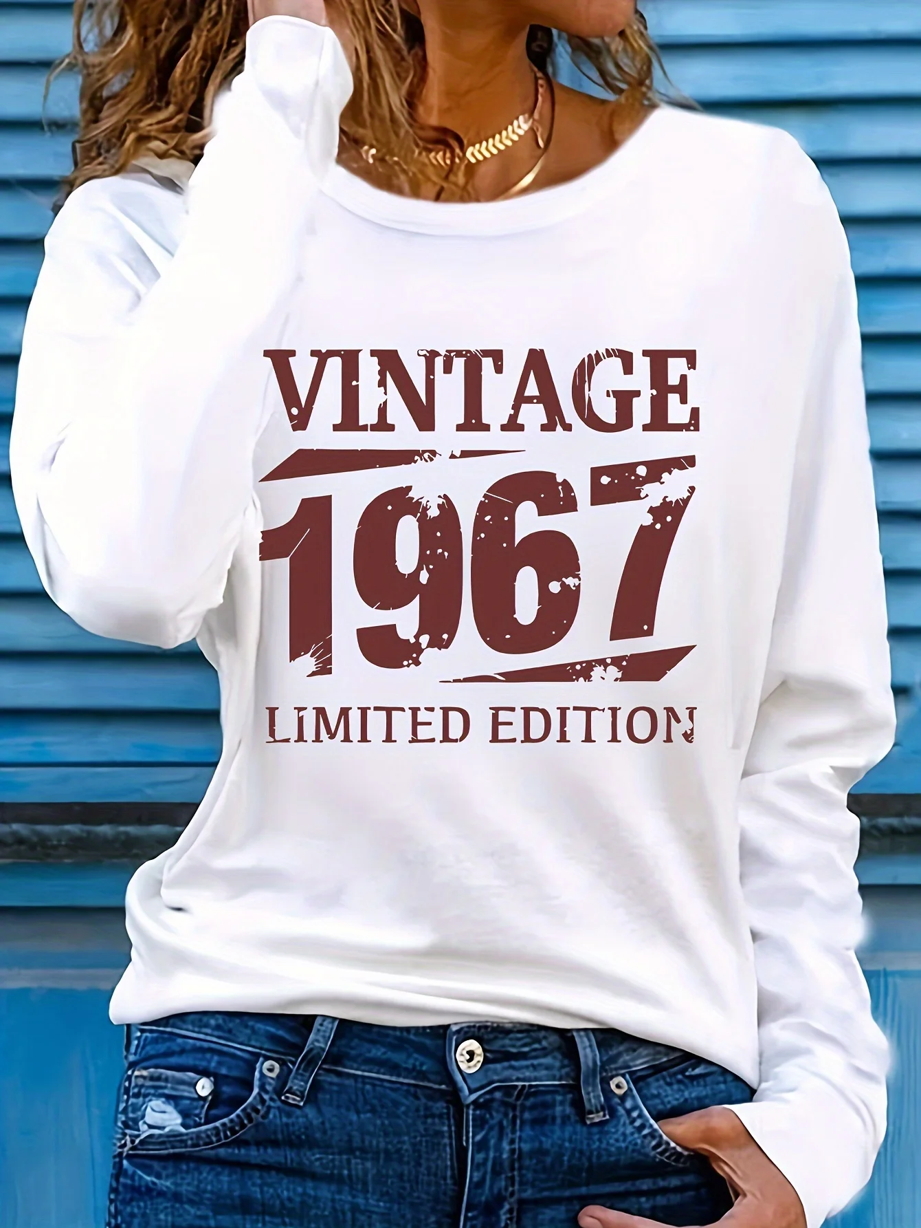 

Women's Spring and Autumn 100% Cotton Fashion Casual VINTAGE 1967 Letter Printed Round Neck Long Sleeve T-shirt Top