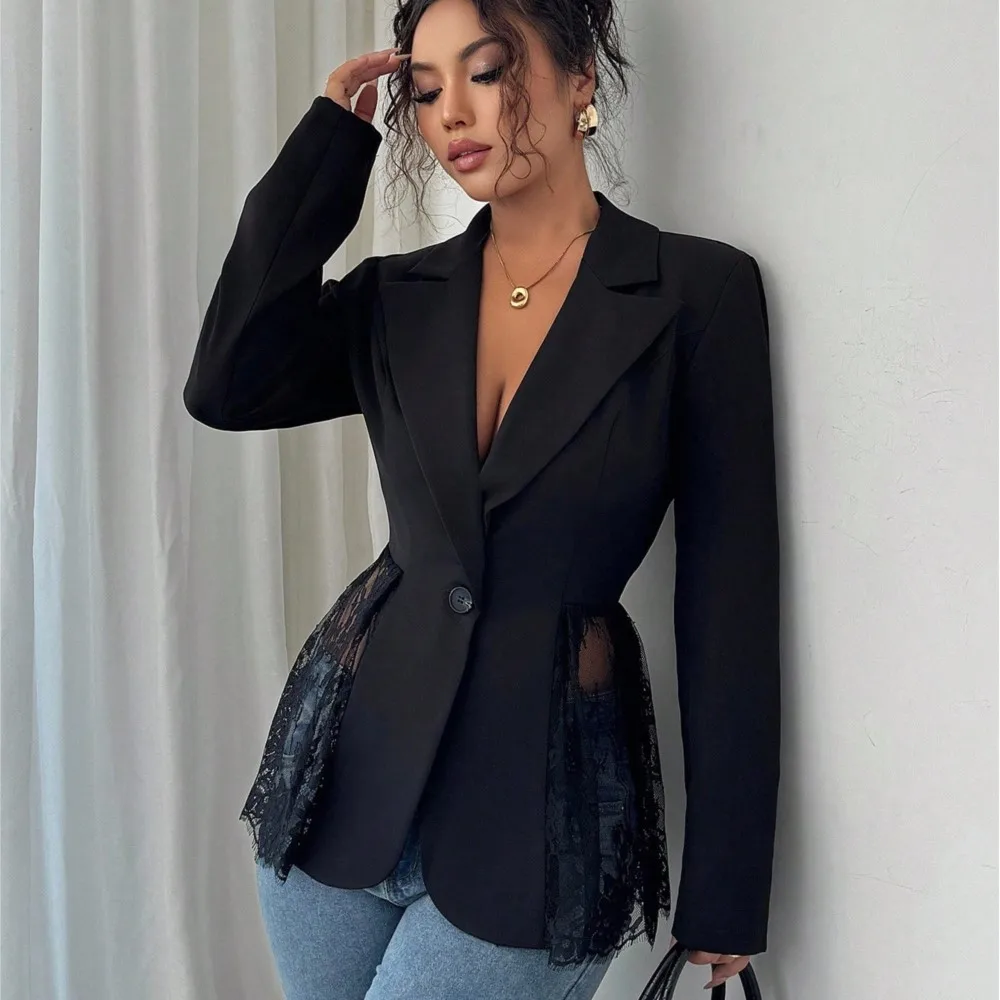 

Elegant Slim Solid Color Spring Summer Fashion Commuter Style Spliced ​​lace Trim Hem Single Button Long-sleeved A-line Jacket