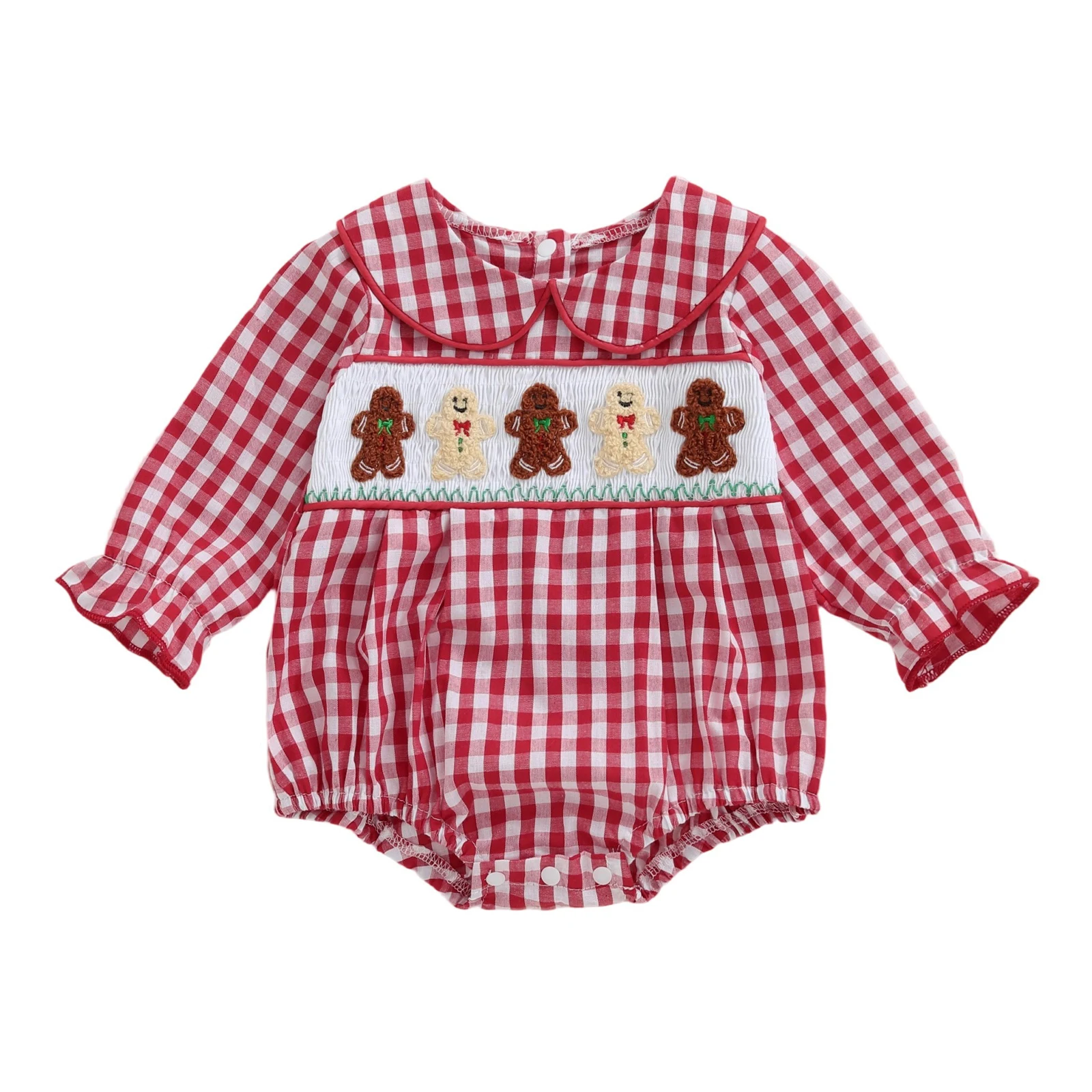 

Клетчатый комбинезон для маленьких мальчиков с аппликацией Санта-Клауса, воротник Питера Пэна, комбинезон с короткими рукавами, рождественский наряд